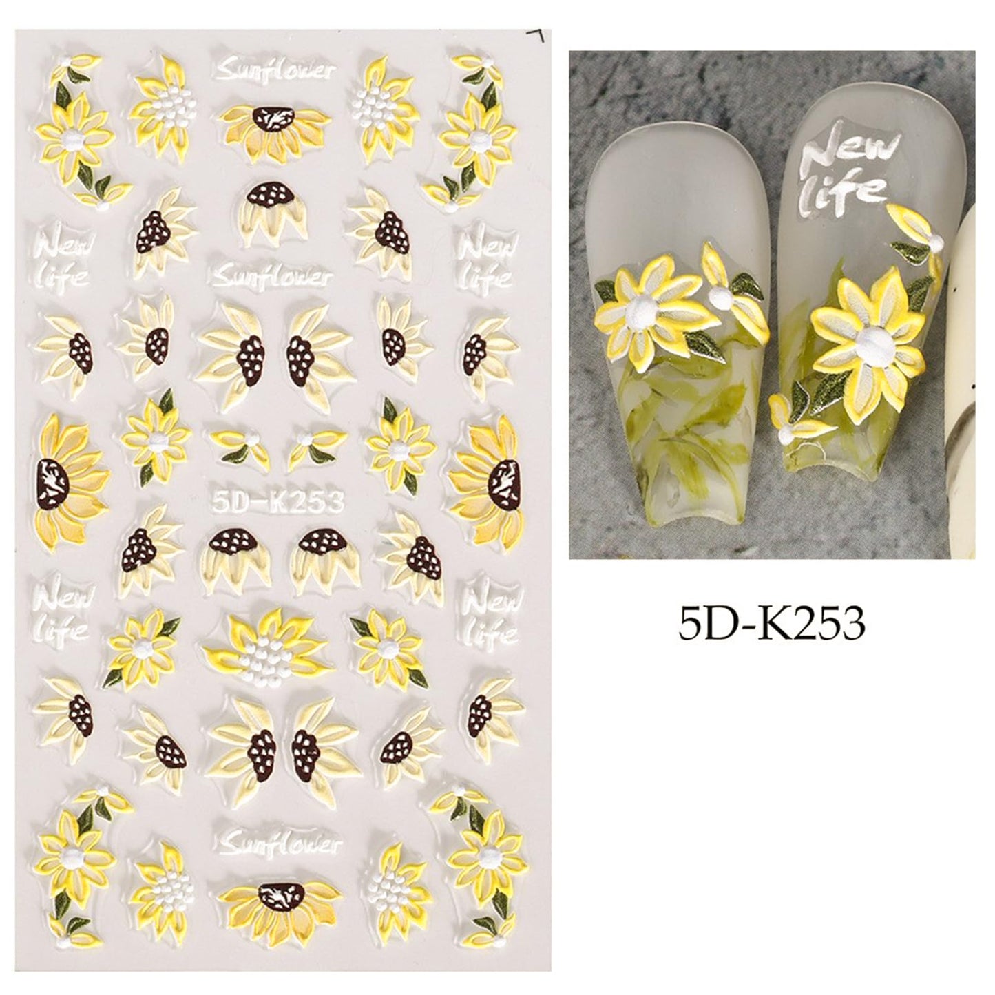 5D Embossed Sunflower Nail Art Stickers Self-Adhesive Flower Nail Decals Engraved Floral Summer Nail Sticker Acrylic Nail Art for Women Girls Manicure Decoration 4 Sheets