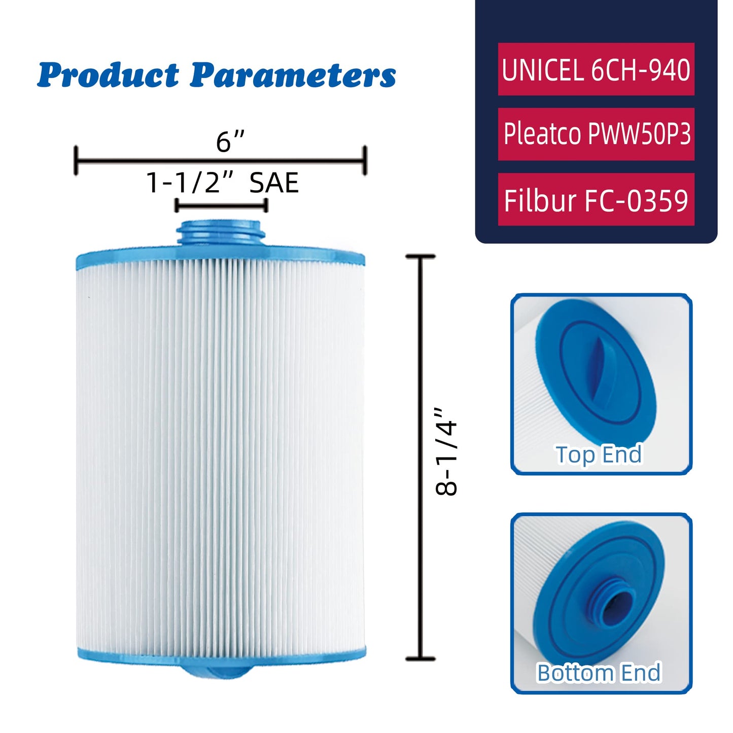 Mamokin PWW50 Spa Filter, Replaces 6CH-940，Filbur FC-0359, 817-0050, 25252, 03FIL1400, PWW50P3(NOT PWW50P4), (1 1/2" Coarse Thread), Waterway Front Access Skimmer, SAE Thread Hot Tub Filter 2 Pack