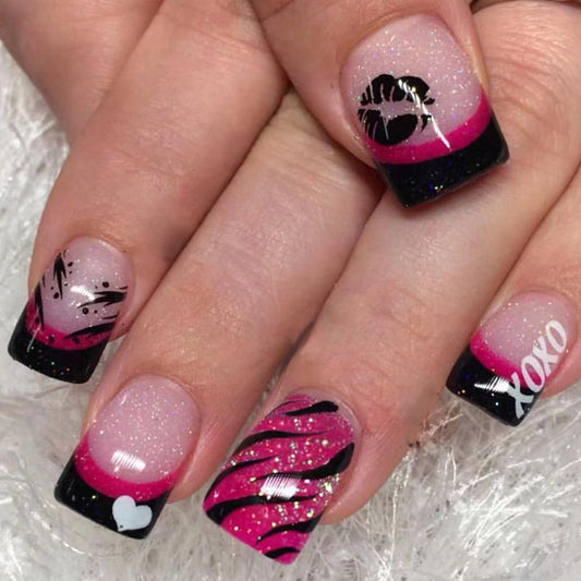 Valentine's Press on Nails French Love Short Fake Nails with Letter Lip Print Glitter Design Heart Nails Square Full Cover Artificial False Nails Glue on Nail Valentine Fashion Manicure for Women