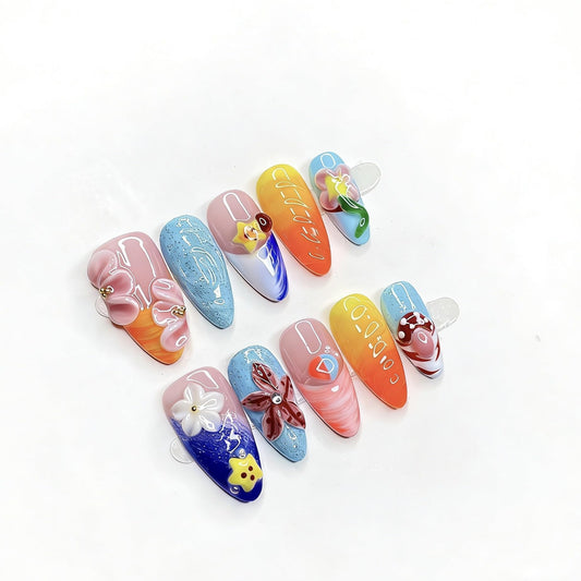 Vseegrs Summer Handmade Press on NailsAlmond Short Colorful 3D Flowers Artificial False Nails with Designs Embossed Starfish Acrylic Nail Press ons Cute Charms Press on Nail Kit for Women 10pcs (L)