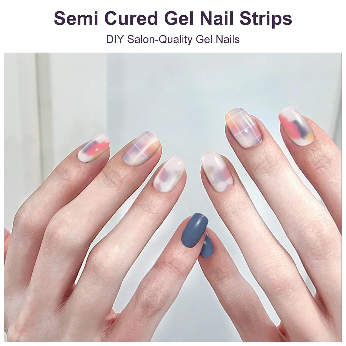 DUKASOU Semi Cured Gel Nail Strips,28 pcs Street Color Gel Nail Stickers with UV Light Required,Long Lasting Nail Art Stickers, Easy to Apply（Cream Blue）