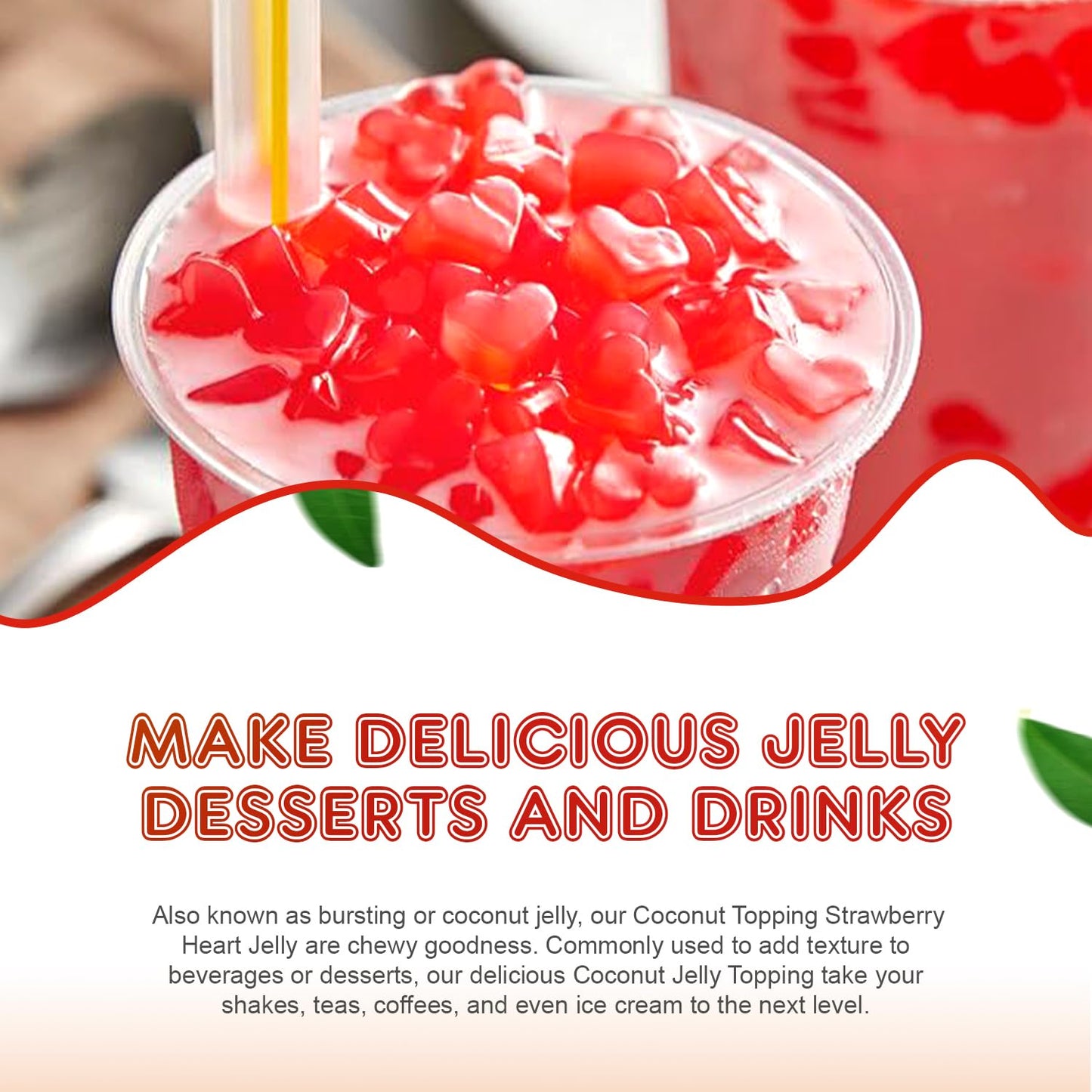 Fanale Coconut Jelly Topping nata de coco for Boba Tea | Ice Cream | Yogurt | Smoothie | Milk Tea | Desserts (Strawberry Heart Shaped, 6.6 lb) | JEL026