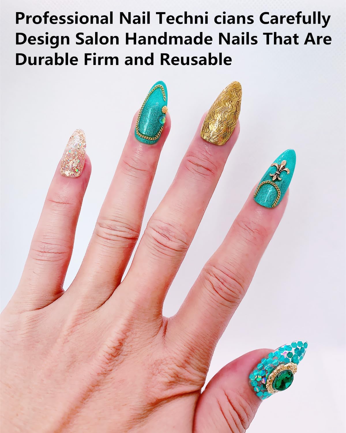 CAMILCY Press on Nails Handmade Nails Luxury Reusable Fake Nails For Girls Short Almond armor Golden Green Diamonds HandPainted Salon Loveful Design Acrylic GelUV Finished 3D Nails 10PCS(A014, M)