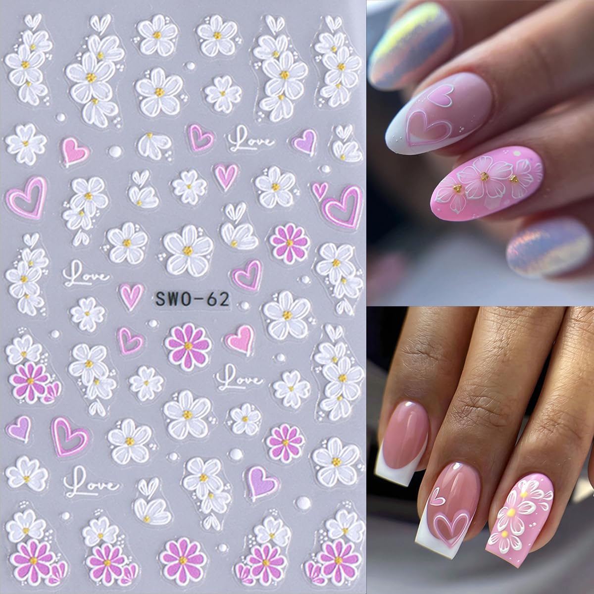 4 Sheets Pink White Flower Nail Art Stickers 3D Embossed Flowers Butterflies Hearts Nail Decals Cute French Floral Nail Stickers for Women Spring Summer DIY Nail Decorations