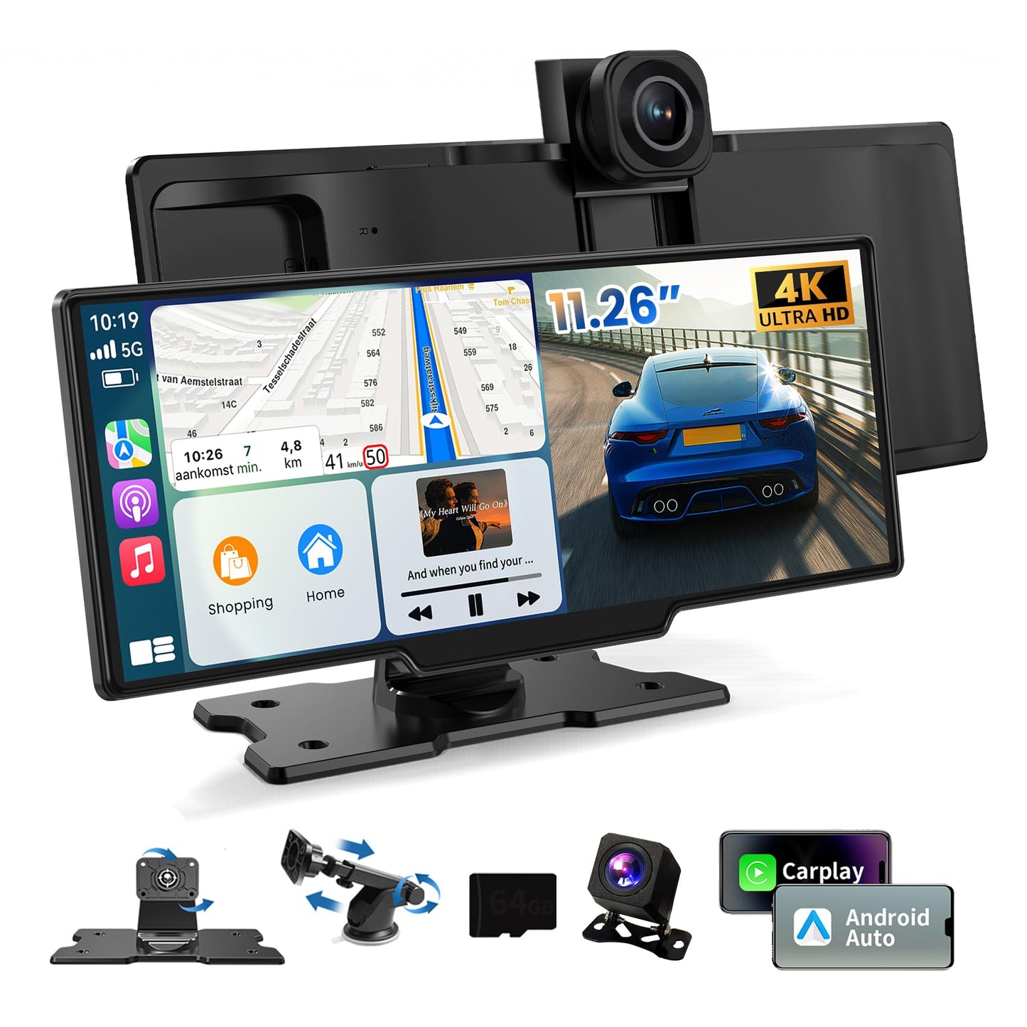 Portable Apple CarPlay Screen, Extra Large 11.26 Inch 4K Car Play & Android Auto HD Touchscreen, Wireless Car Stereo with Dash Cam, G-Sensor/App Control/Backup Camera/Loop Recording/Mirror Link/GPS/FM