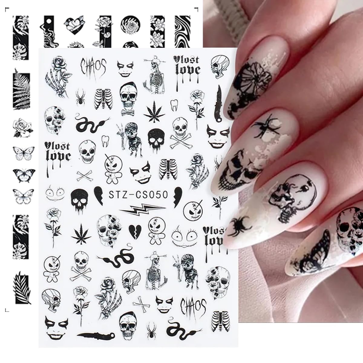 8 Sheets Halloween Nail Art Stickers 3D Punk Goth Nail Decals Evil Skull Rose Snake Nail Designs Sticker Self-Adhesive Halloween Nail Art Supplies Horror Zombie Nail Decorations for Women Manicure
