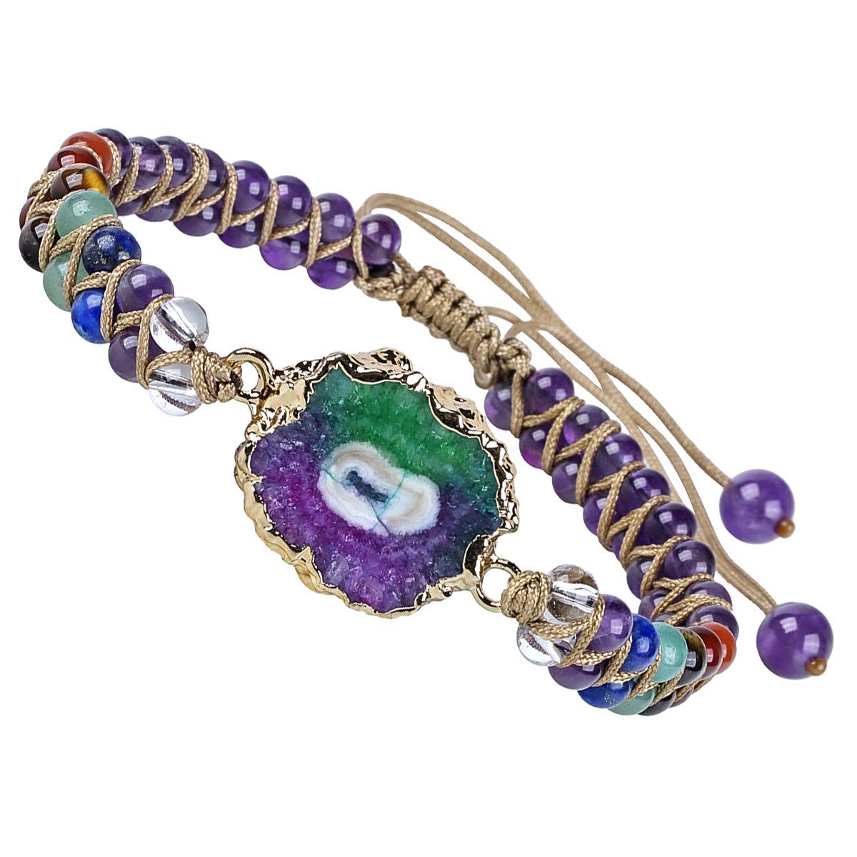 TUBMEELLUWA 7 Chakra Crystal Stones Braided Beaded Bracelet Adjustable Strand Beads Bracelet Double Layers Bangle, Gold Plated Base, Amethyst