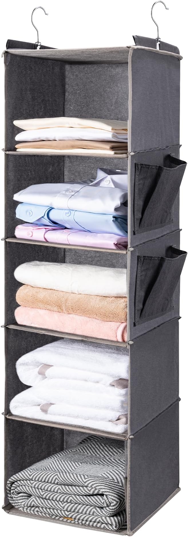BOOMIBOO Hanging Closet Organize and Shelvesï¼5-Hanging Shelf with 2 Side Pocketsï¼Storage Foldable ï¼Greyï¼