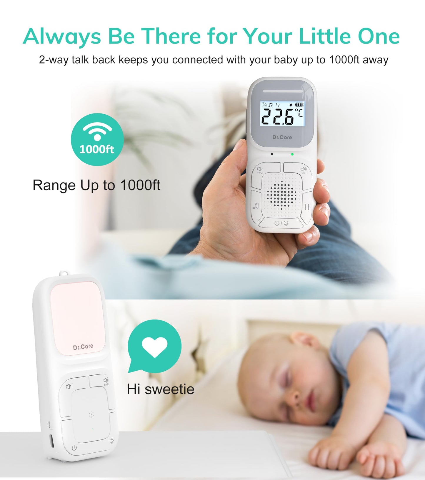 Dr.Care NeoGo Portable Baby Audio Monitor and Sound Machine | Baby Sleep Soother | Travel | Registry Gift with 1000ft Range, Two-Way Talk, VOX, Nightlight, 8 Lullabies, and Vibrating Sound Alert