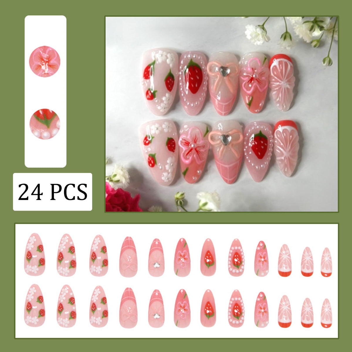 24Pcs Cute Strawberry Press on Nails Medium Almond Fake Nails Pink French Tips False Nails with Bow Pearl Rhinestone Design Flower Full Cover Artificial Nail for Women Girls DIY Manicure Tips