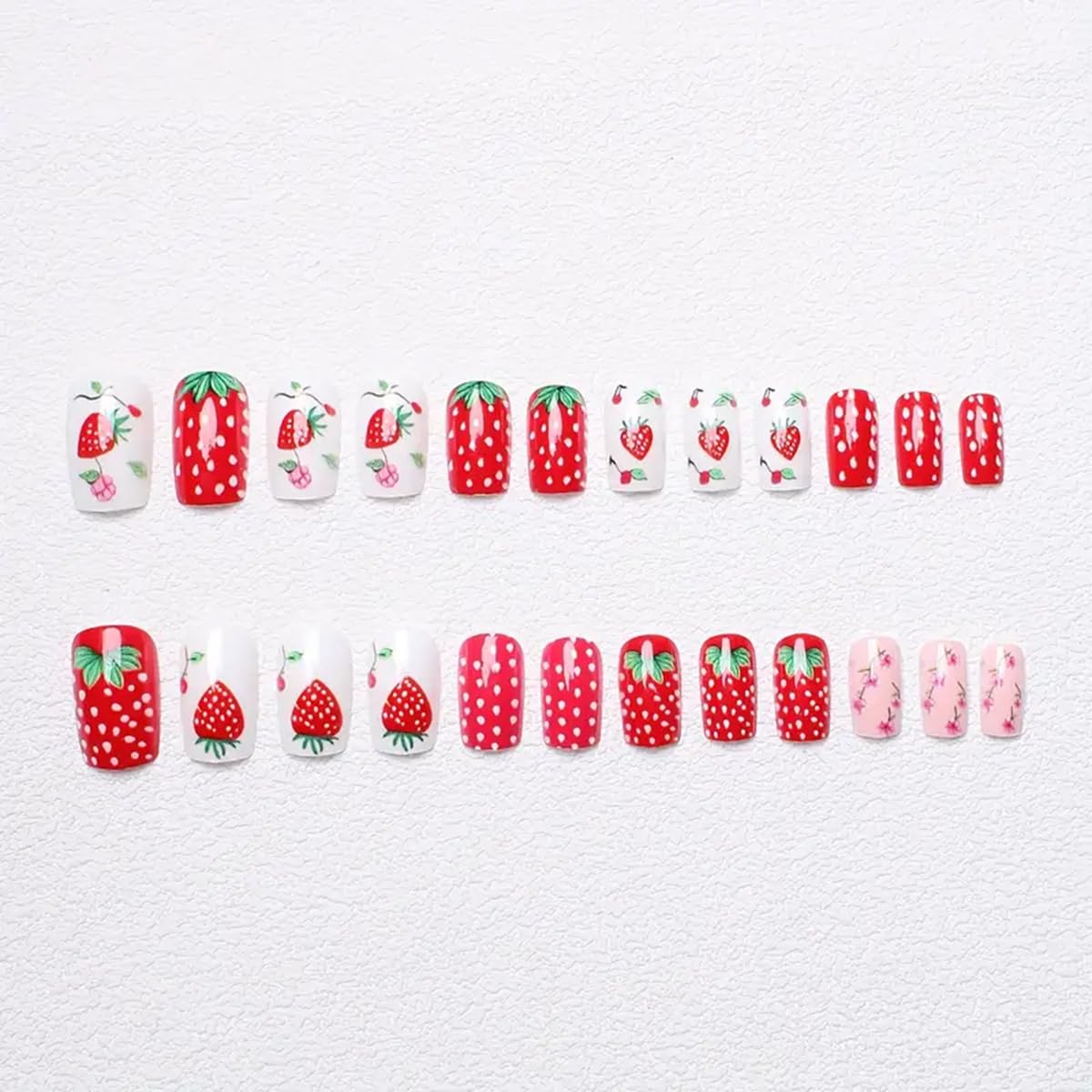 24Pcs Cute Press on Nails Medium Square Fake Nails Red Strawberry False Nails with Flower Design Full Cover Glue on Nail Cute Reusable Acrylic Nails Kit Holiday DIY for Women Girls