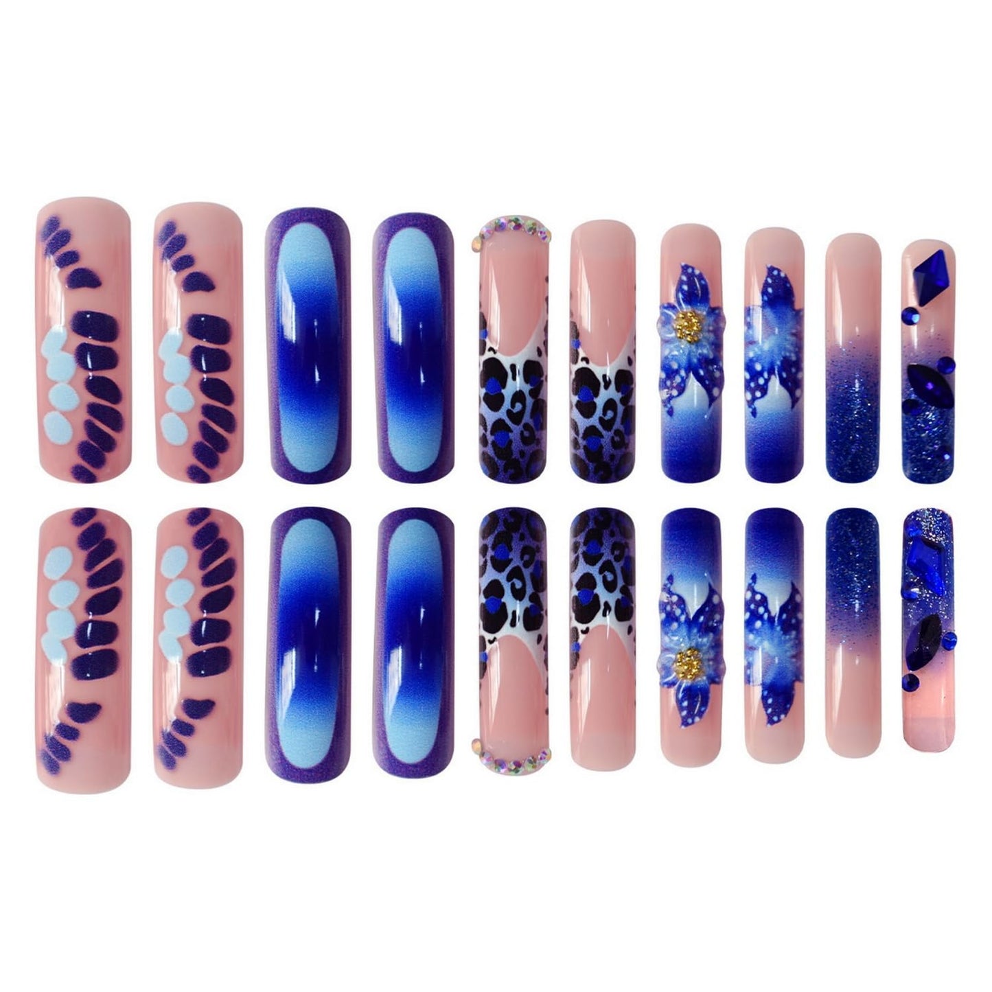 Curved Press on Nail Extra Long Square Fake Nails Blue Full Cover Rhinestones Leopard Print Flower designs French Tip Press ones Glossy Reusable Curve Glue on Nails for Women Girls Manicure24pcs