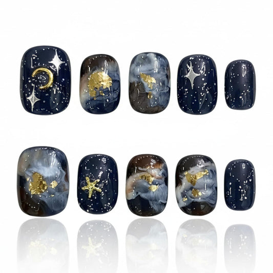 Handmade Press On Nails Reusable Stick On Fake Nails Blue oil Painting Style Stars and Moon Luxury Elegant Sexy Style For Women Gift With Nail Glue S