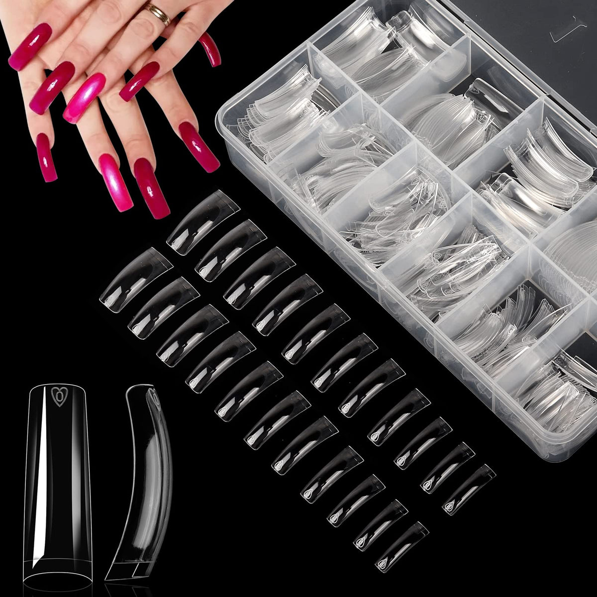 Yokilly Clear Coffin Nails Tips, 550PCS Long C Curved Nail Tips for Acrylic Nails Professional, Half Cover Square Soft Gel Fake Nail Tips for Dip Powder Nail Salons and DIY Nail Art