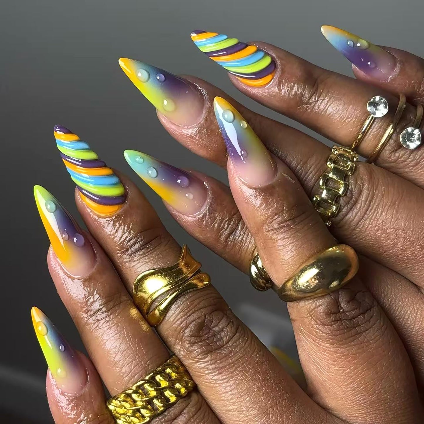 3D Colorful Stripe Press on Nails Medium Almond Gradient Fake Nails Glossy Full Cover Acrylic Glue on Nail for Women