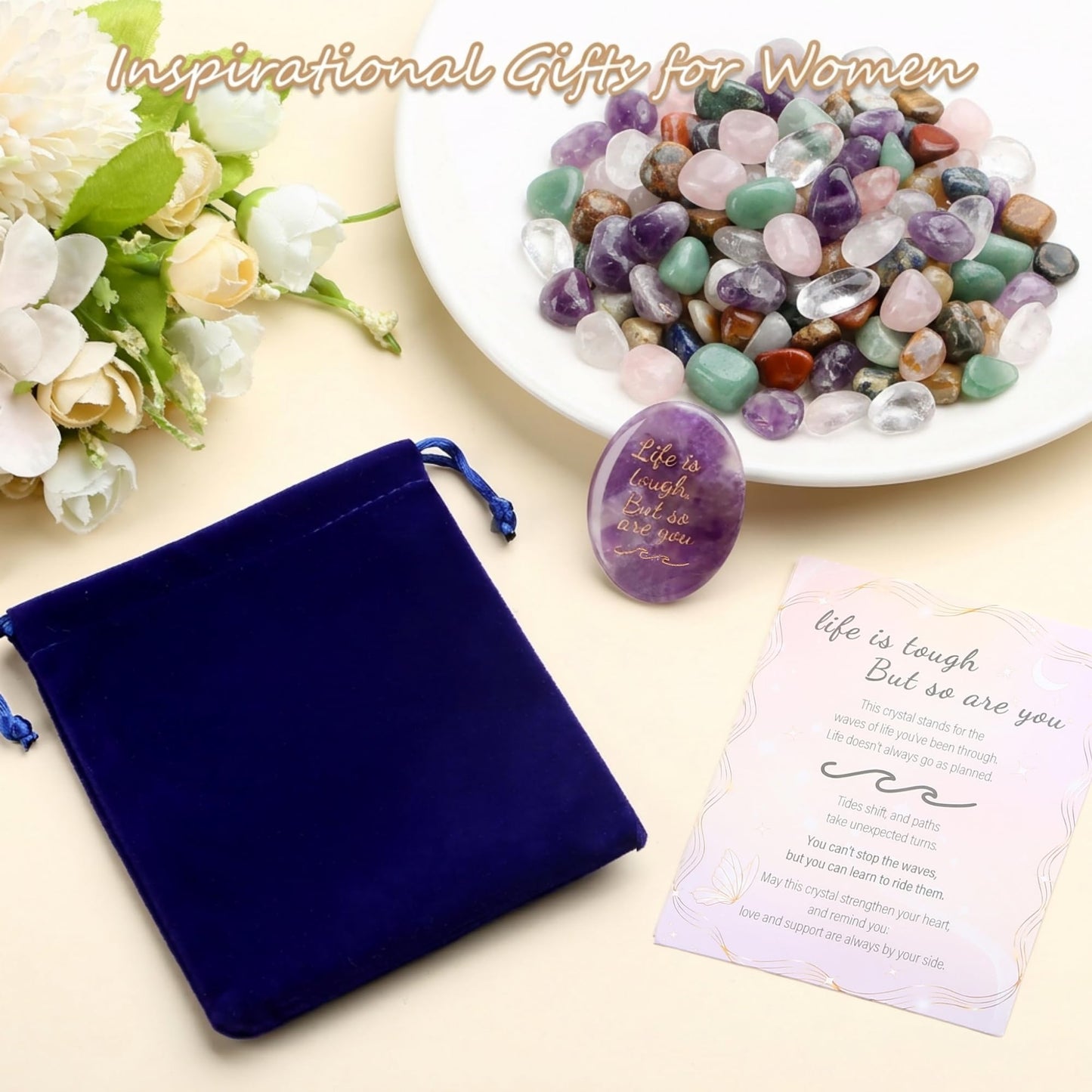 NUKAYAI Inspirational Gifts Worry Stone Amethyst Crystal Crystals and Healing Stones Oval Natural Meditation Accessories Gemstones Trinkets Pocket Stress Relief Anxiety Relief Items Gifts for Women