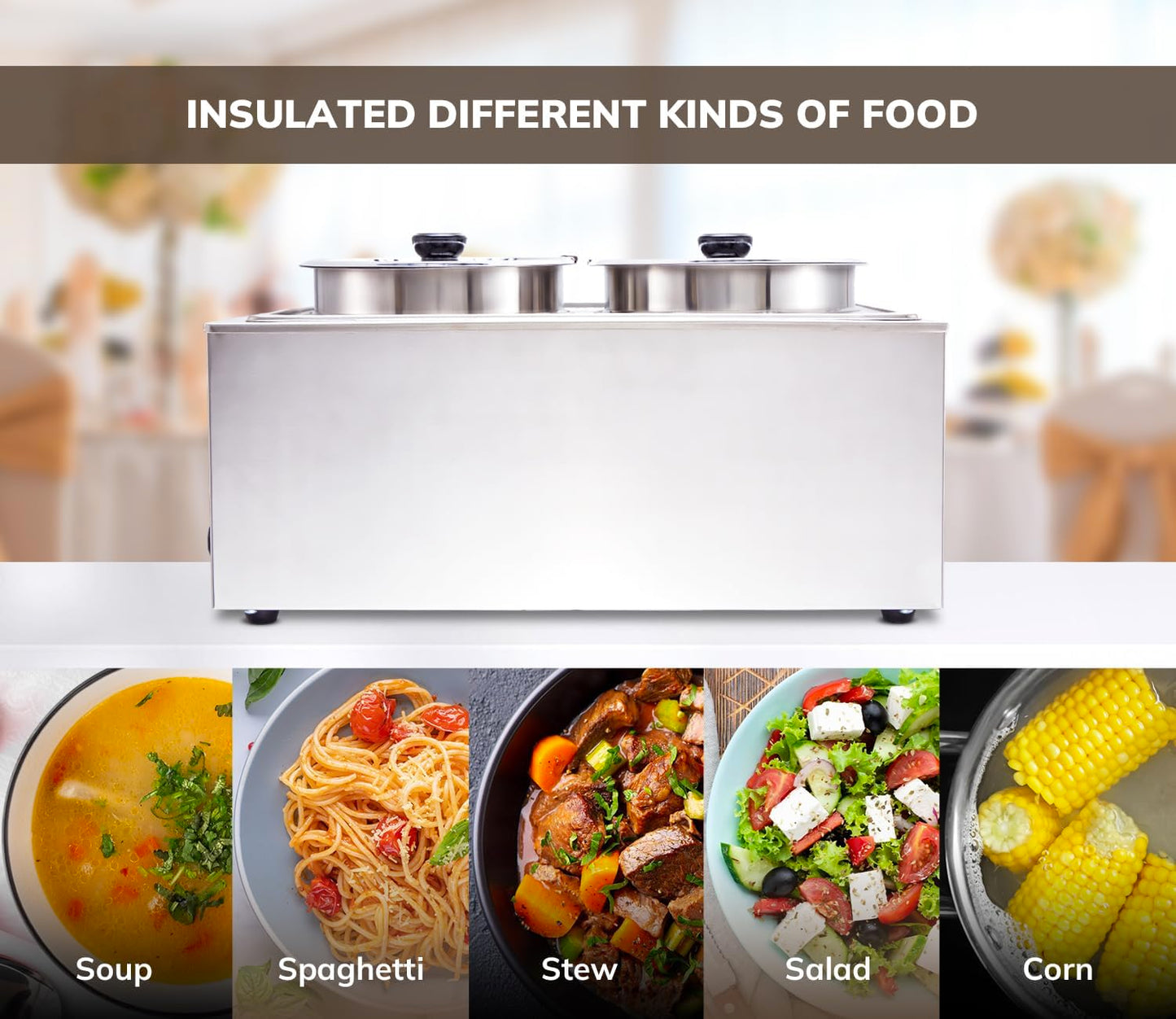 SYBO Food Warmer Steam Table Easy to Clean Commercial Grade Stainless Steel Bain Marie Buffet for Catering and Restaurants ETL, CE ROHS Certified for Commercial, Safety (2 Round Pots with Tap)