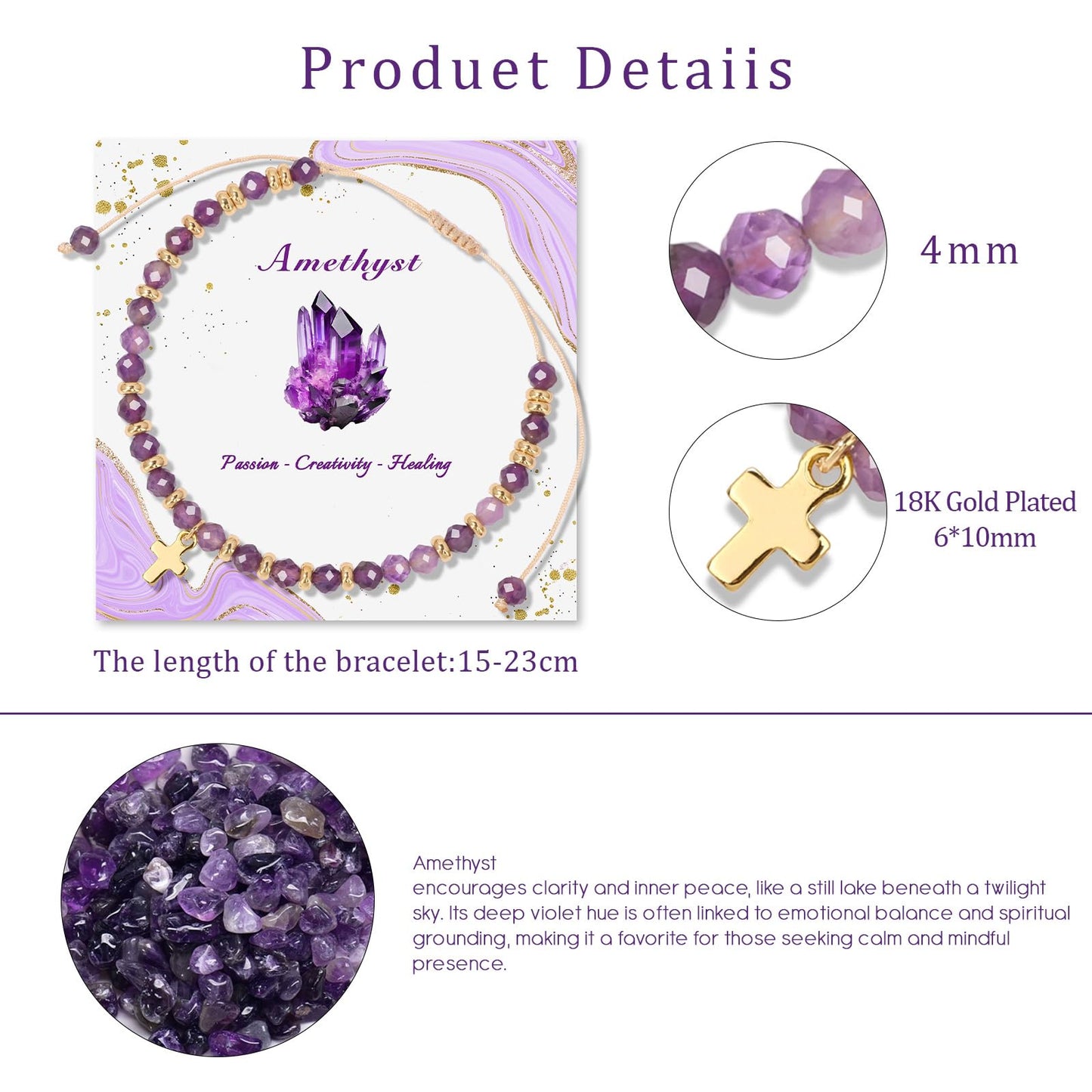 Raicegs Braided Amethyst Cross Crystal Bracelet Natural Stone Beaded Bracelet for Women Faith Jewelry Healing Bracelet Christian Gifts for Women Religious Gifts
