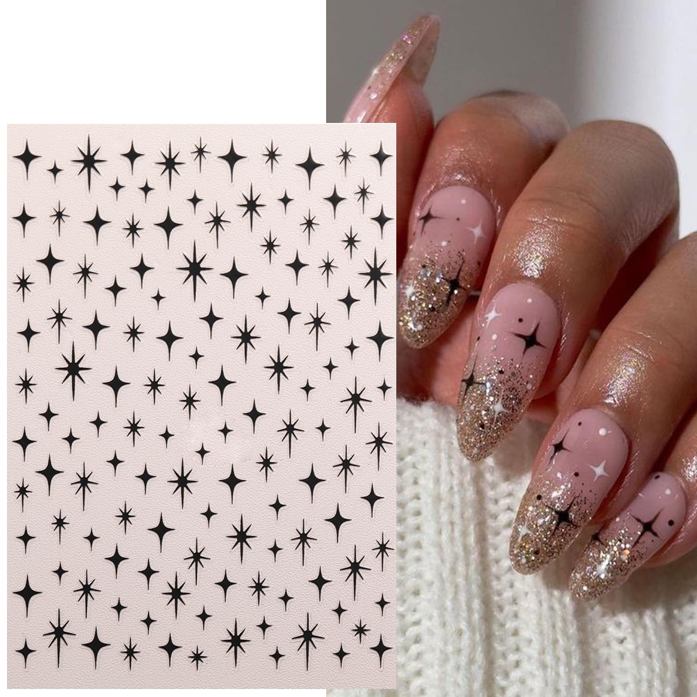 6Pcs Star Nail Sticker for Nail Art 3D Self-Adhesive Nail Decals French Cross Starlight Black White Gold Silver Design Pegatinas Uñas Slider Decal DIY Nail Tips Manicure Decor Supplies for Women
