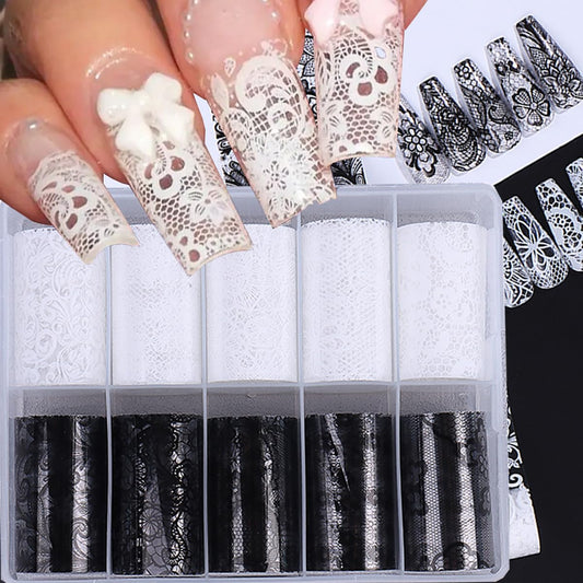 Black White Lace Nail Art Foils Transfer Stickers 10 Rolls Y2K Lace Flower Nail Foil Adhesive Decals Designer Nail Art Supplies Starry Sky Paper Manicure Accessories for Women Acrylic Nails Decoration