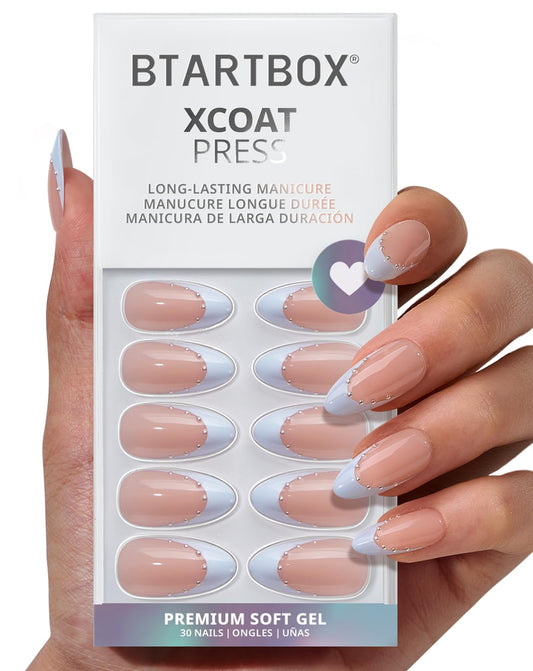 BTArtbox French Tip Press On Nails - Something Blue, Lamp-Curable 4-Week Wear Blue Medium Almond Press On Nails with Glue and Adhesive Tabs, Easy-to-Apply in 15 Sizes - 30 Nails All-in-One Kit