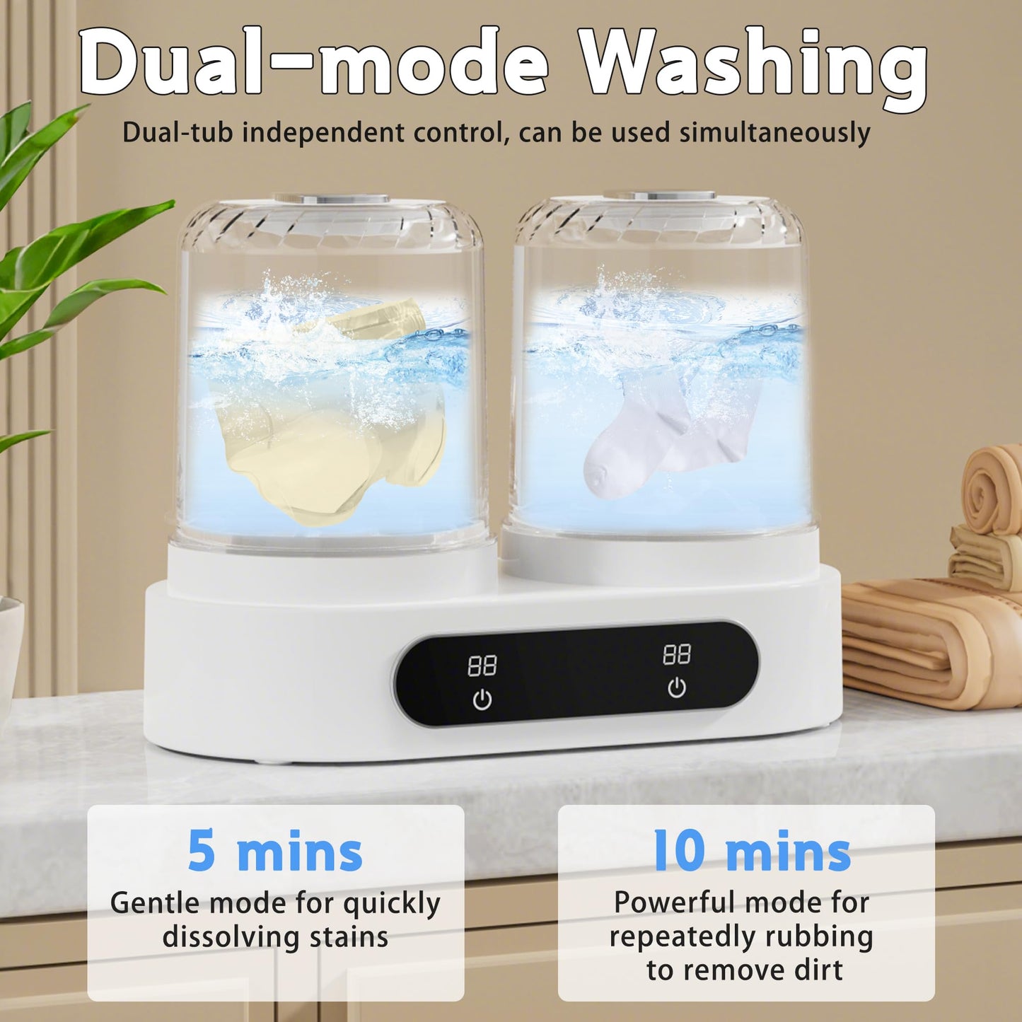 Double Tubs Portable Washing Machine, 3L Cordless Underwear Washing Machine, 2 Modes 3600mAh Portable Washer for Apartment, Dorm, RV, Hotel Use (White)