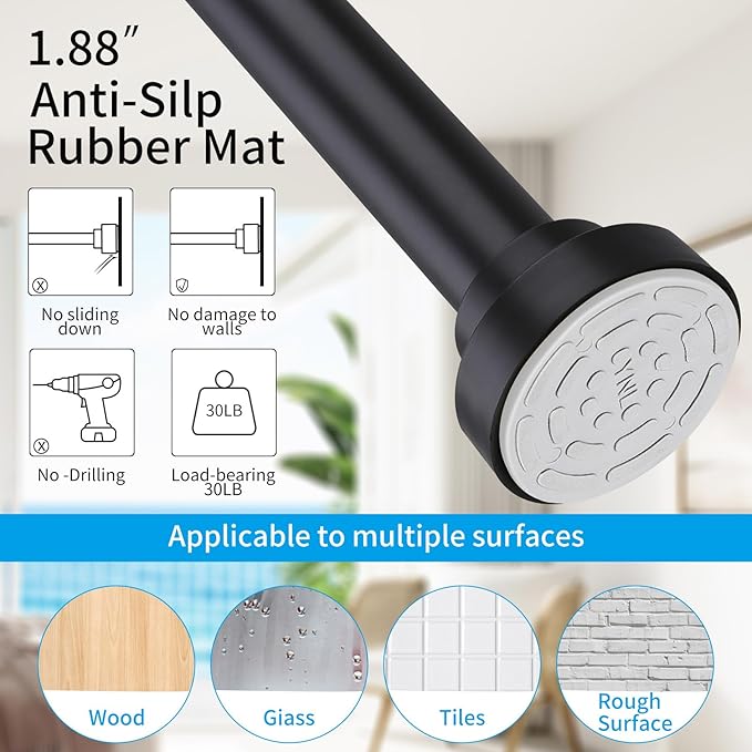 Tension Curtain Rod 34-120In(3-10Ft) with 2 Rod Holders, No Drilling Never Rust Long Shower Curtain Rod, Adjustable Spring Curtain Rod for Large Window or Outdoor Patio, Stainless steel, Matte Black