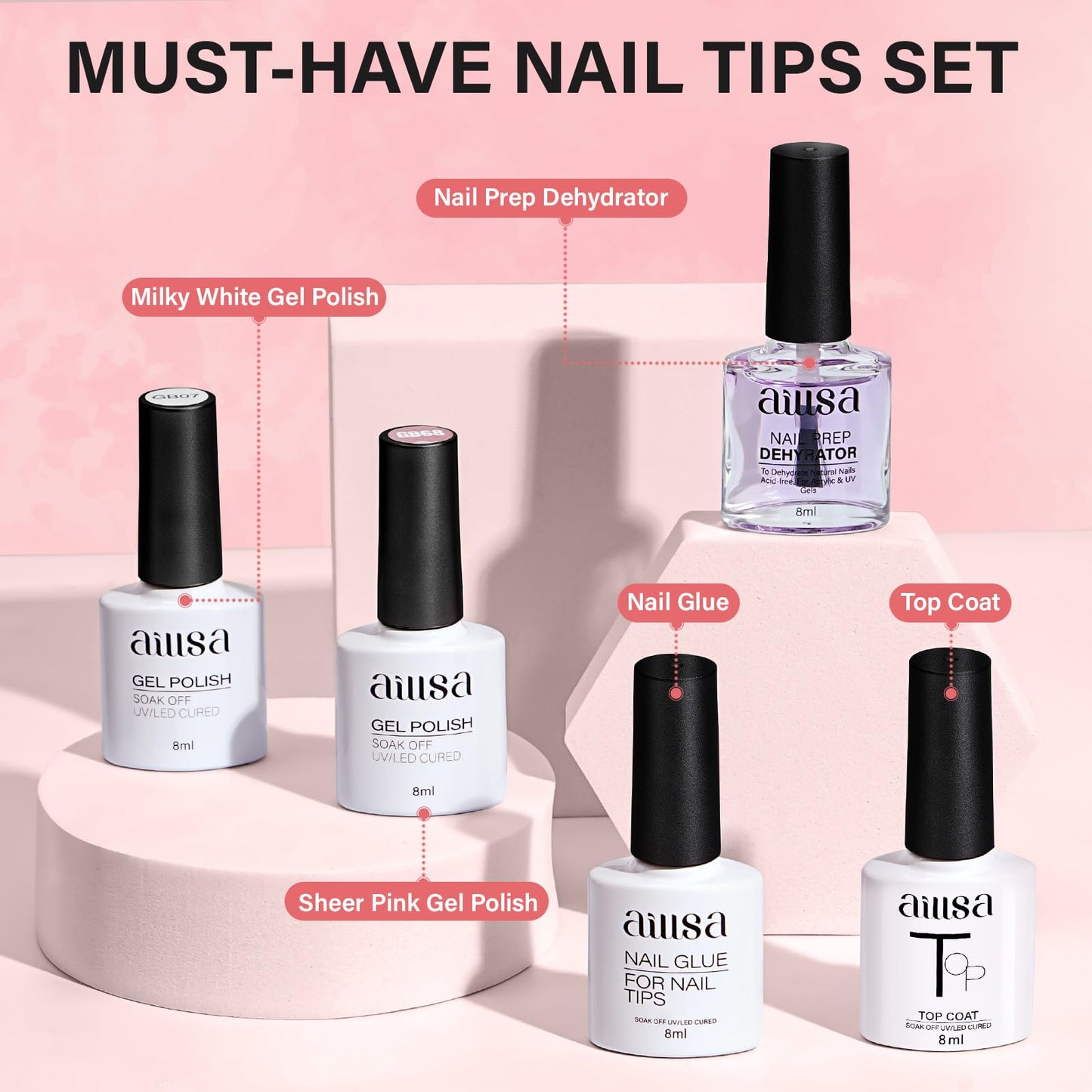 AILLSA Nail Tips and Glue Gel Kit Short Coffin Nail Tips 240pcs with 2 In 1 Nail Glue Base Coat and Nail Dehydrator, Gel Extension Nail Kit with U V Light Top Coat for DIY Home Salon