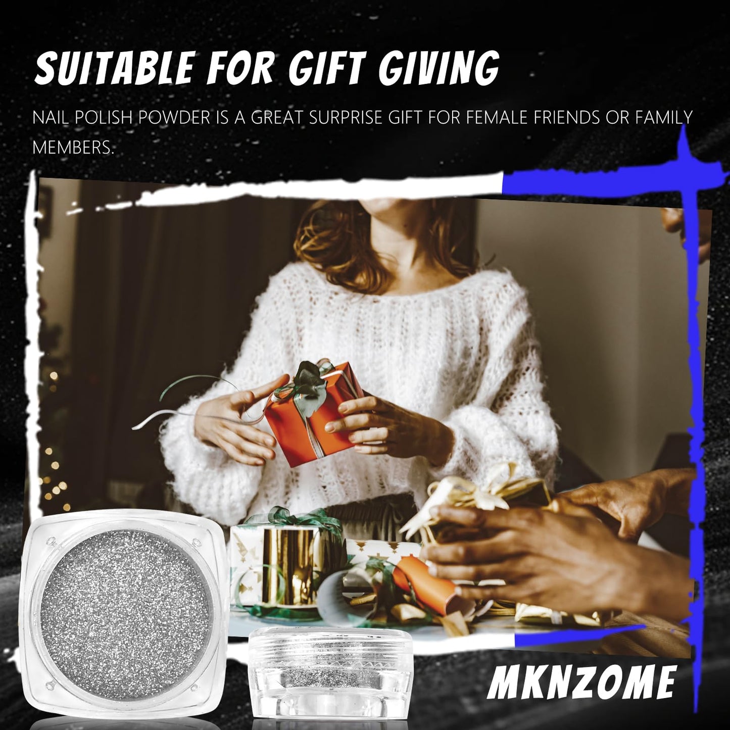 MKNZOME 12 Jars Holographic Nail Powder, Chrome Nail Powder Kit Black Blue Ultra Fine Glitter Powder Set, Rainbow Neon Pigment Manicure Glitter Dust with 12 Pcs Dual Sides Sponge Applicators