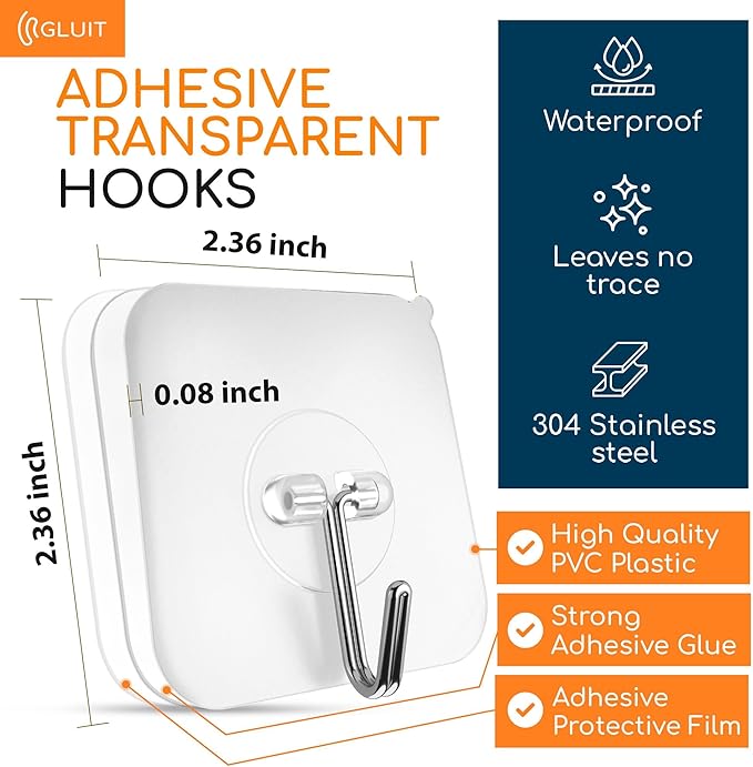 GLUIT Adhesive Wall Hooks for Hanging Heavy Duty 22 lbs Hooks for Walls No Damage, Towel Sticky Clear Hook, Waterproof, Home, Bathroom, Kitchen, Office, and Outdoor 10 Pack