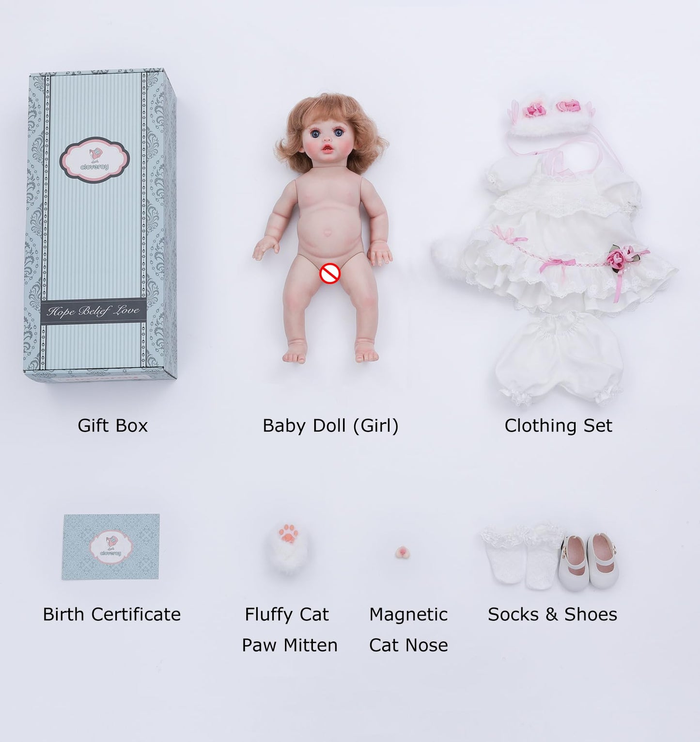 Cloveray Baby Doll, 18 Inch Realistic Reborn Toddler Real Life Baby Dolls with White Lace Dress, Magnetic Cat Nose, Fluffy Paw Mitten & Tail, Premium Collectible Gift for 3+ Year Old Girls