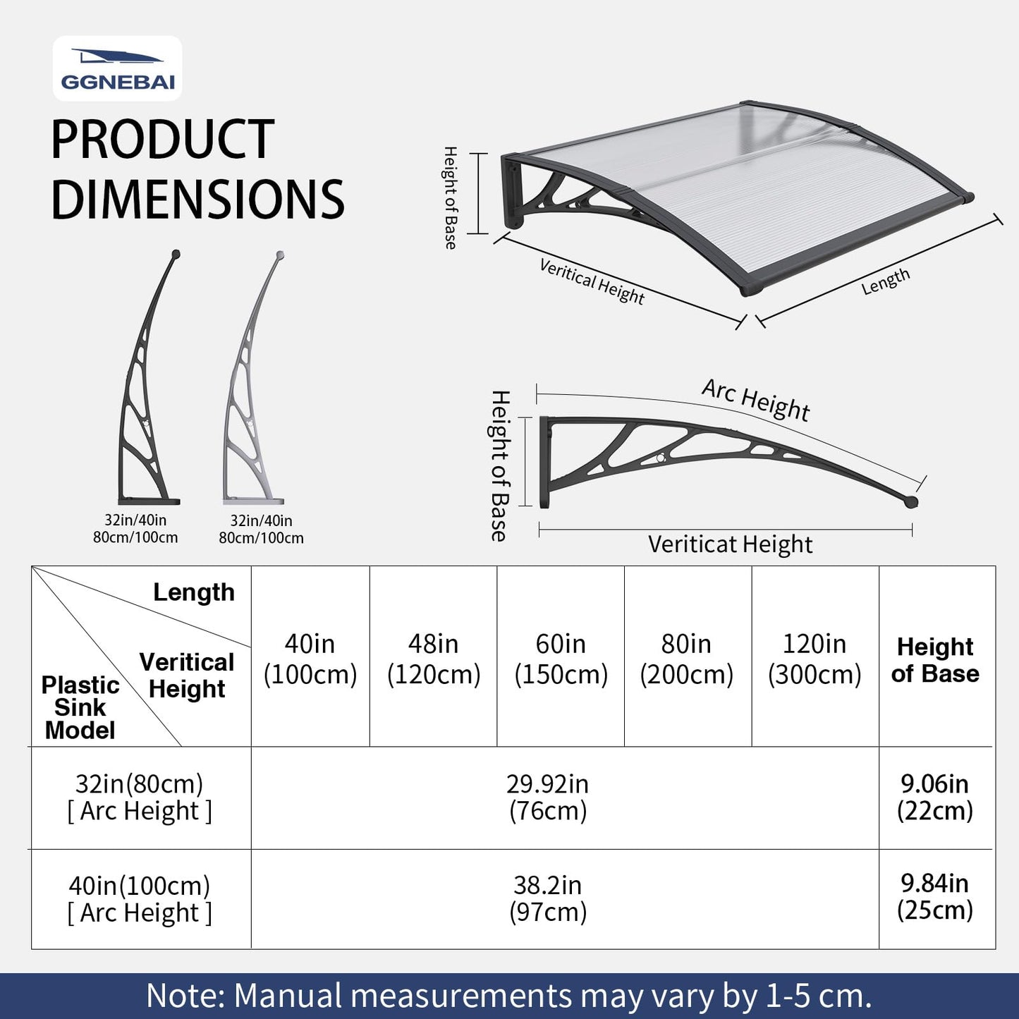 Awning for Door Entrance,40X120 Inches Awnings for Doors,Window Awning Canopy Exterior with Plastic Steel Bracket,Polycarbonate Cover,UV,Rain,Snow Protection for Porch,Patio,Deck