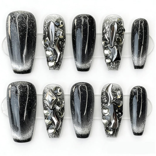 Handmade Press on Nails Square Black and White Cat’s Eye Decoration with a Starry Sky Pattern and Gemstones Acrylic Nails Press on Handmade Nails Luxury Press on Nails(S)