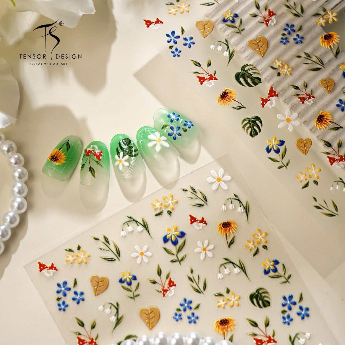 Flower Nail Stickers for Spring Nail Art 5D Embossed Nail Stickers with Green Leaf Daisy Design Nail Art Stickers Decals Manicure Decorations Self-Adhesive for Women Nail Supplies