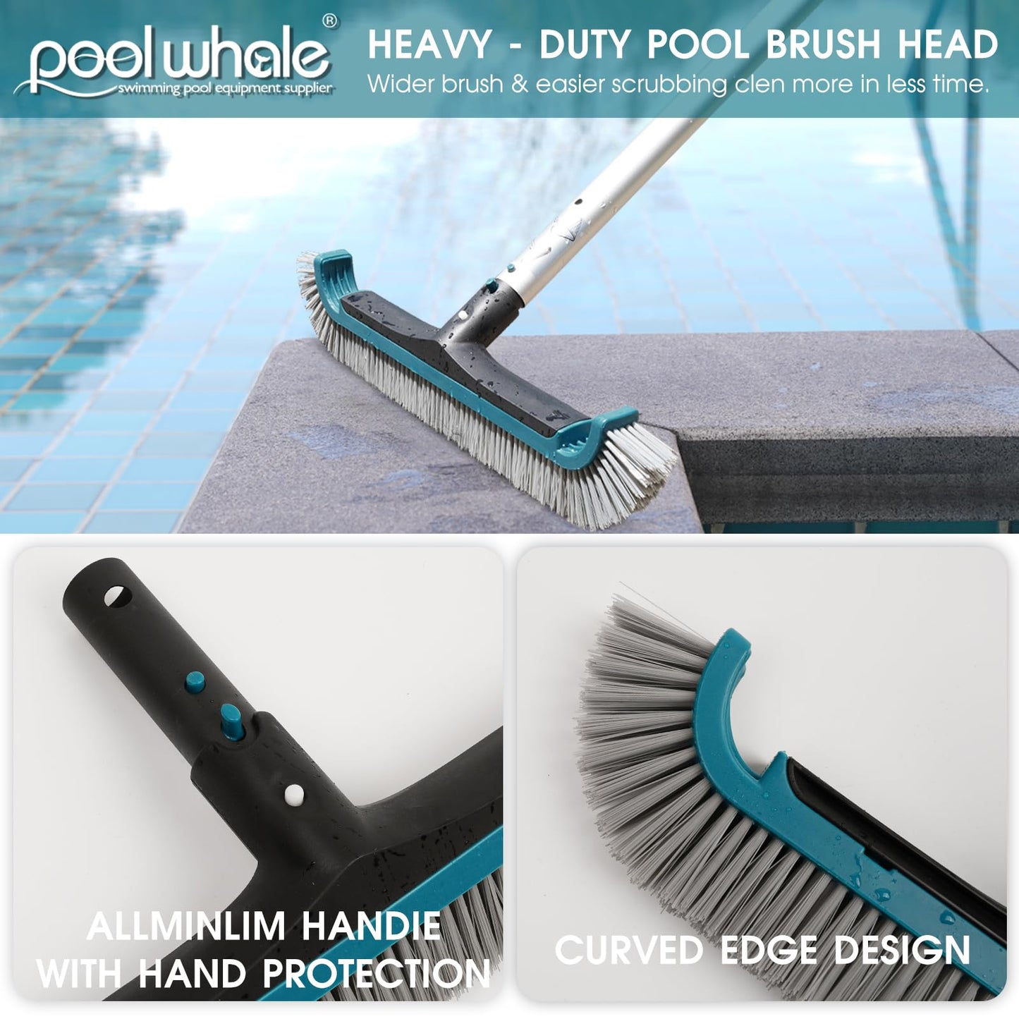 Swimming Pool Cleaning Kit - Aluminum Frame Skimmer Net with 10Ft Adjustable Pole & 17.5” Pool Brush Head, Pools Maintenance Kits for Inground & Above Ground Swimming Pools, Removes Debris