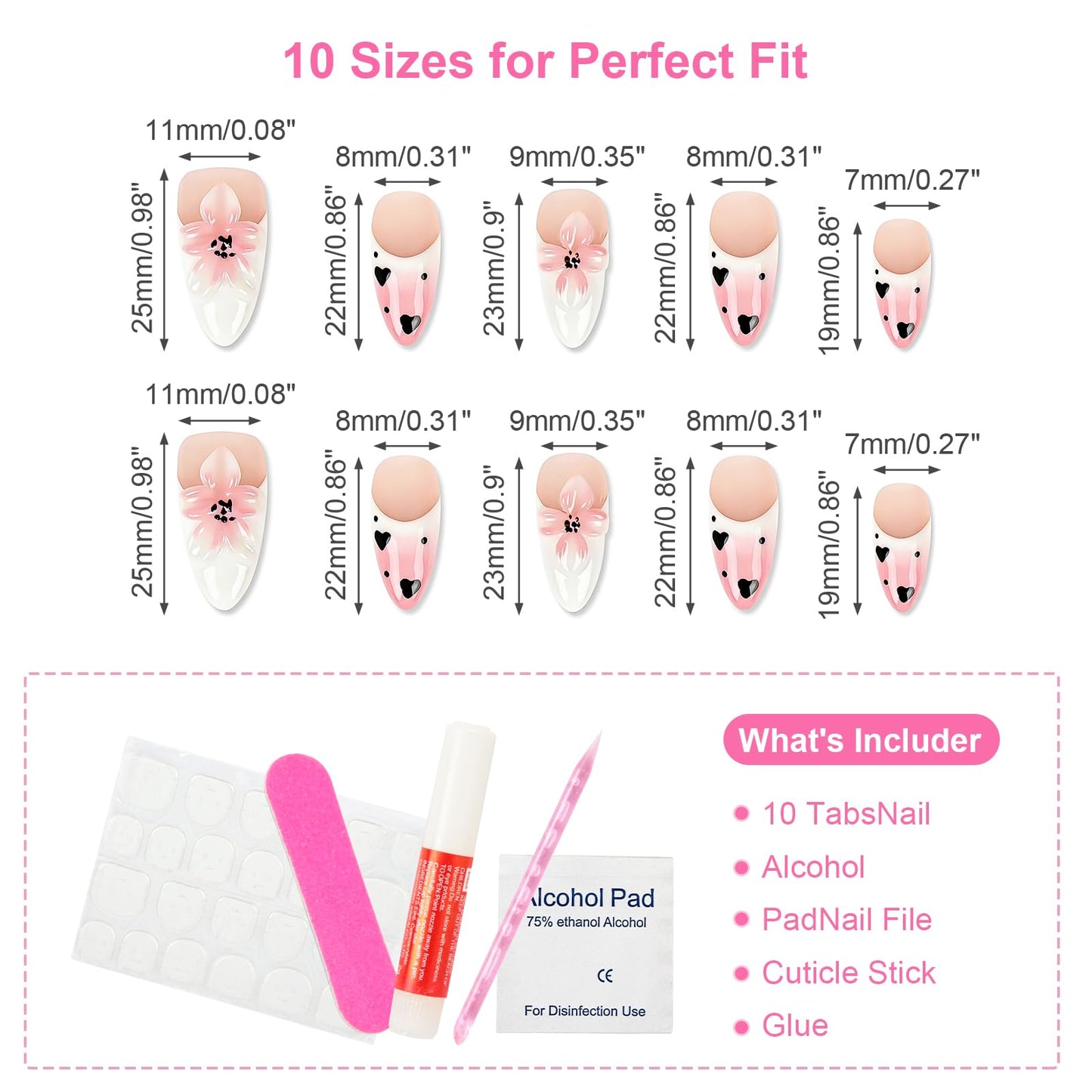 LTXHZYYL Handmade Press on Nails Almond Fake Nails With 3D Floral & Heart Design Reusable Full Cover Hand made Nails Kit – Luxury Pink Medium French Tip Glossy Acrylic for Women