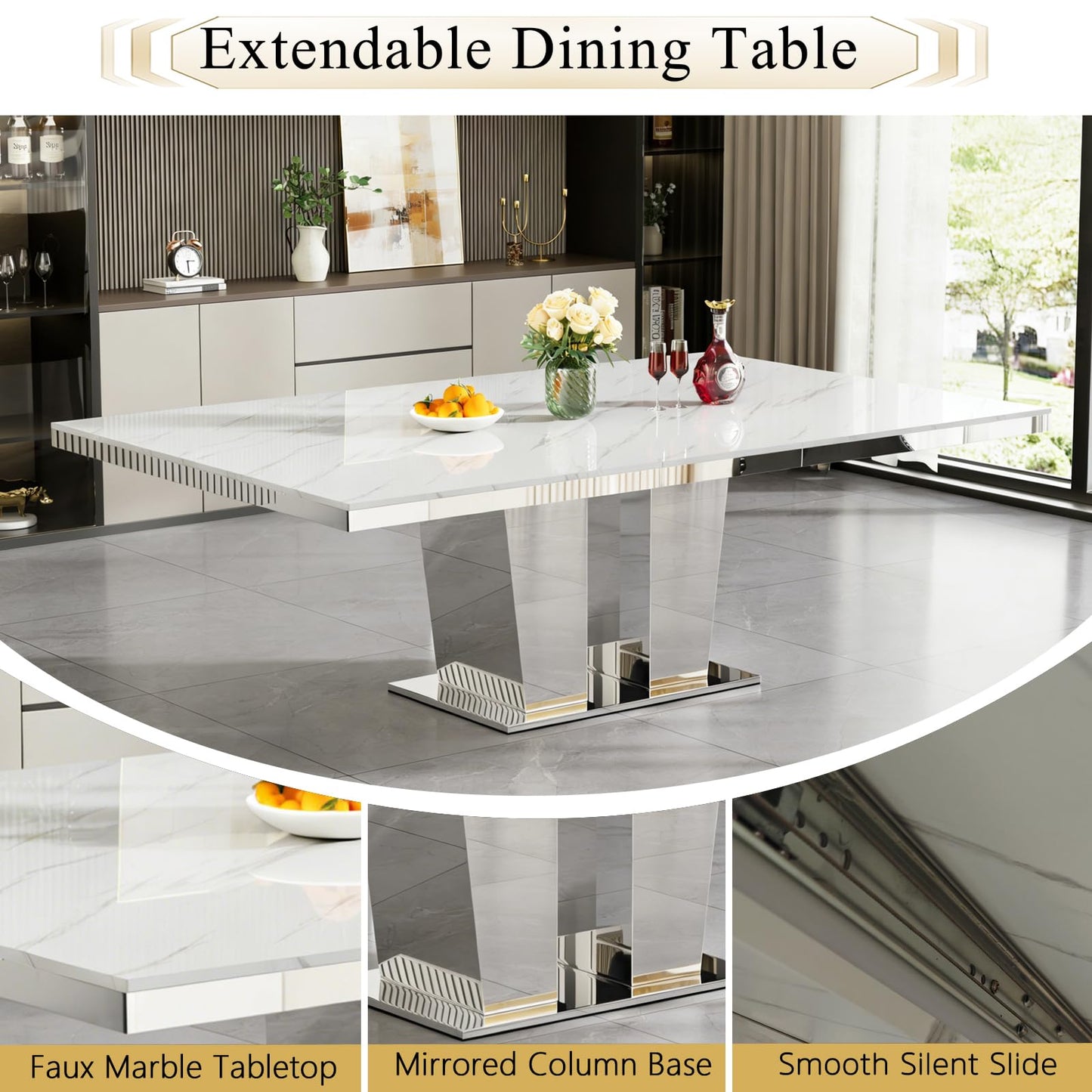 7-Piece Faux Marble Dining Table Set for 6, 63-94.5" Large Extendable Kitchen Table Set with 6 Grey Tufted Chairs, Modern Expandable Dining Room Table for 6 8 10 with Mirrored Double Column Base