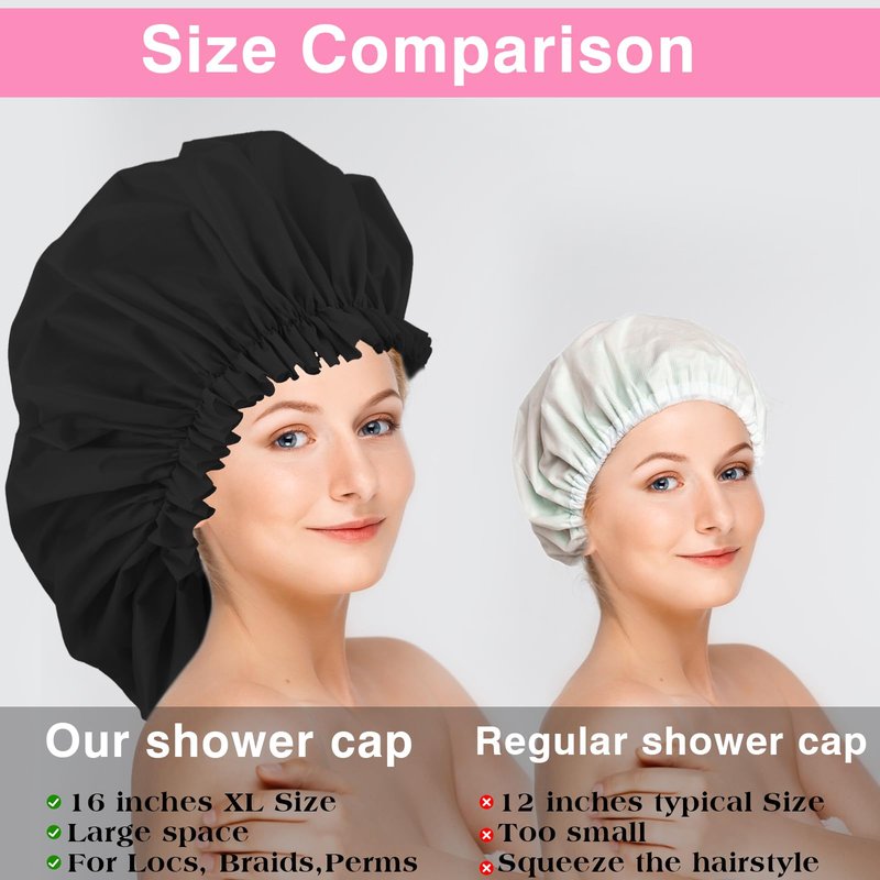 2 PCS Large Shower Cap for Braids - Waterproof Shower Cap for Women, Reusable XL Plastic Shower Caps Jumbo Bath Bonnet for Long Thick Curly Hair, Locs, Twist Braids (Black&Pink)