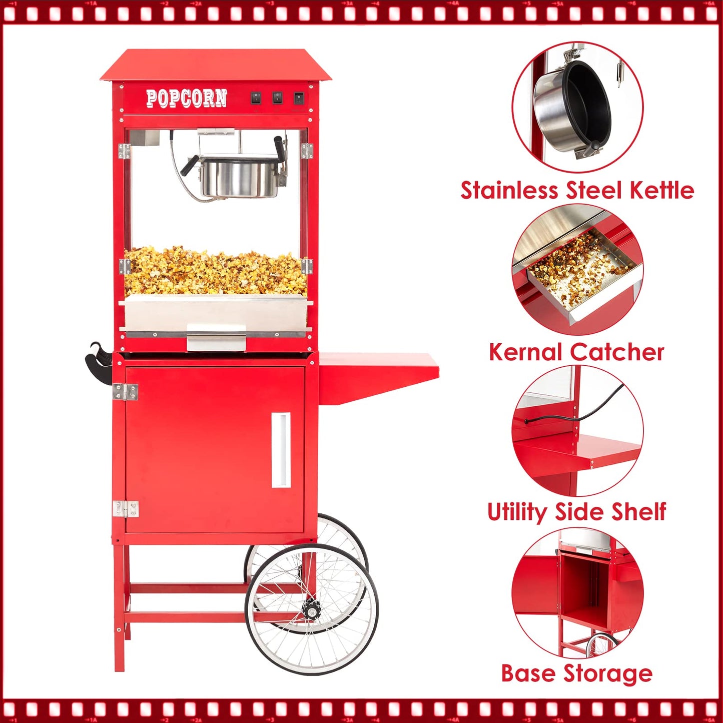 Takywep Commercial Popcorn Maker Machine, Popcorn Poppers with Cart and 10 Oz Kettle Makes Up to 64 Cups, 3-Switch Control, Theater Style