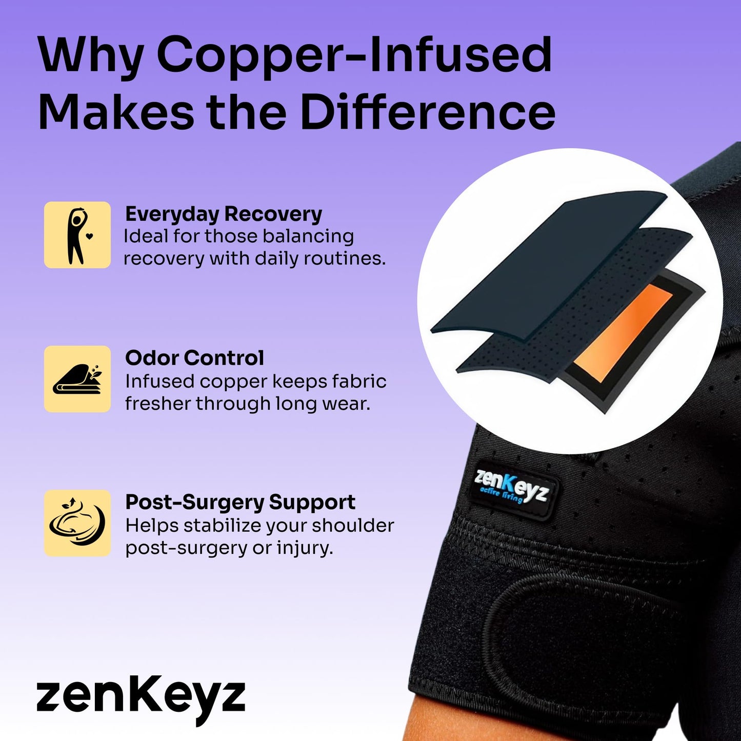 ZENKEYZ Shoulder Brace for Men & Women - Size L/XL (Chest 38-50") - Black/Copper - Copper-Infused Compression Sleeve & Rotator Cuff Support - Adjustable Strap with Ice/Heat Pocket - Sturdy Arm Sling for Joint Stability"