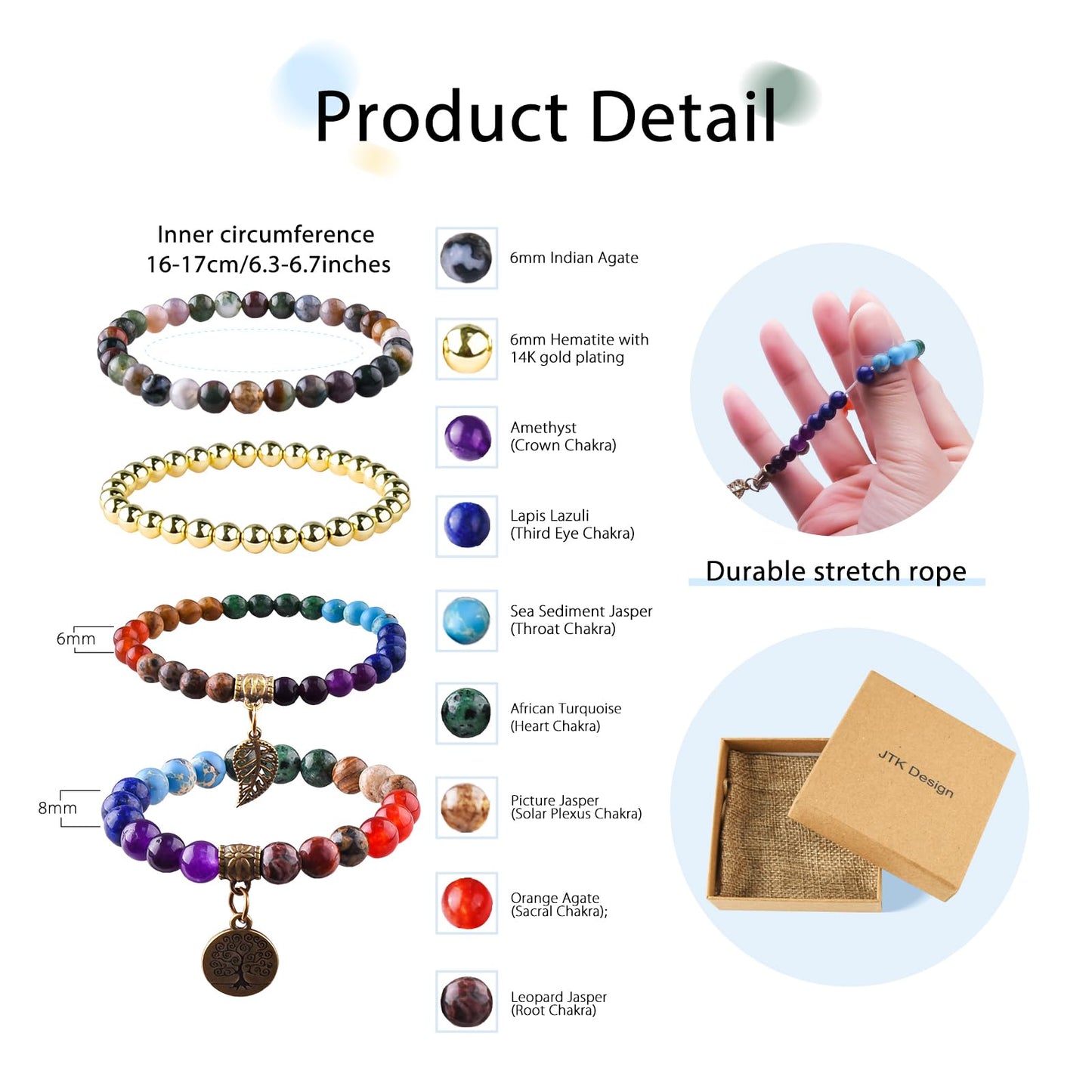 JTK Design Natural Semi Precious Gemstone beads bracelet for women Seven Chakra Healing Crystal Stretch Stackable Bracelets with Yoga Charms 4in1 set