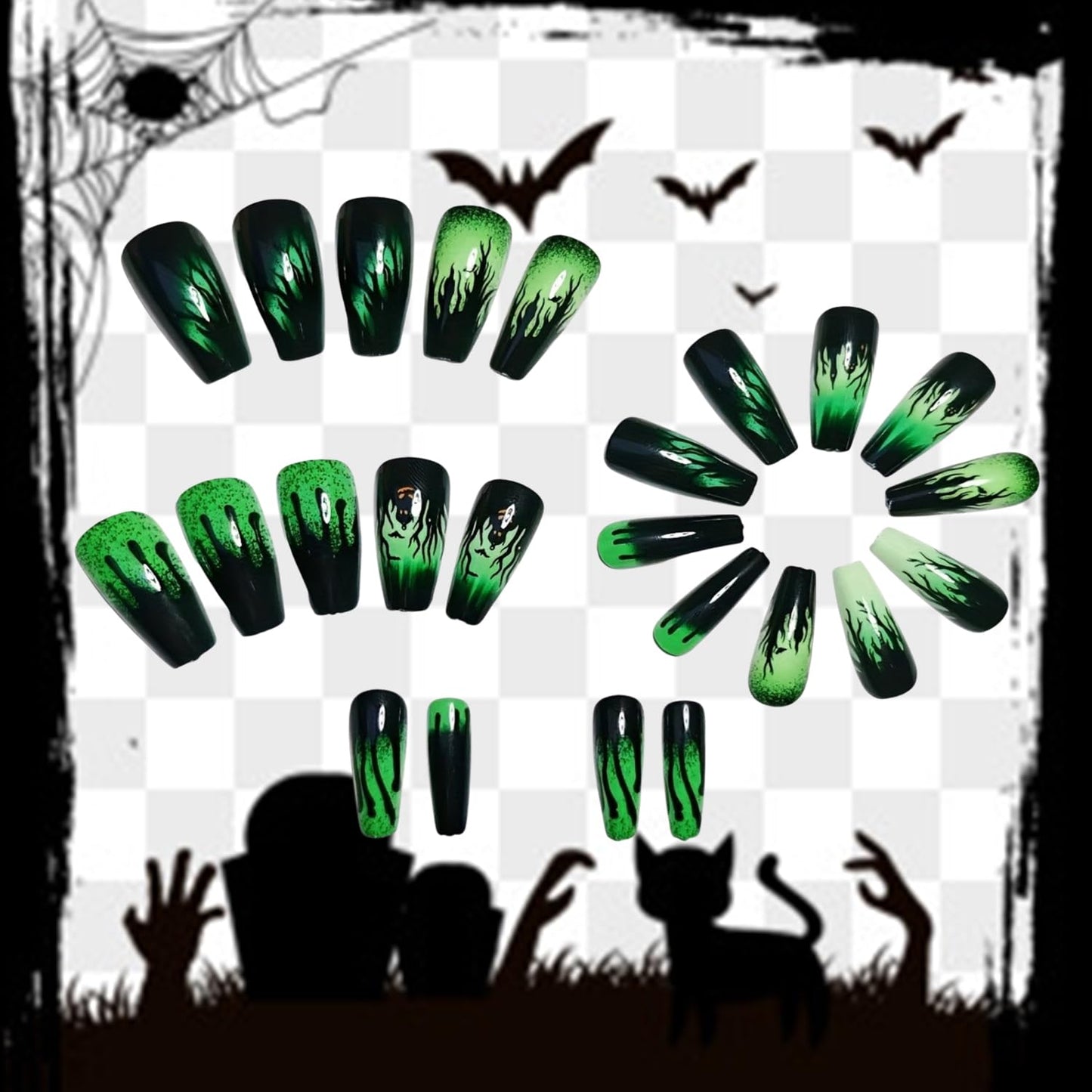 Halloween Press on Nails Long Ballet Shaped Bat Pumpkin False Nails Full Cover Artificial Acrylic Fingernails Castle Design Green Halloween Nail Glossy Festivla Glue on Nails for Women Supplies