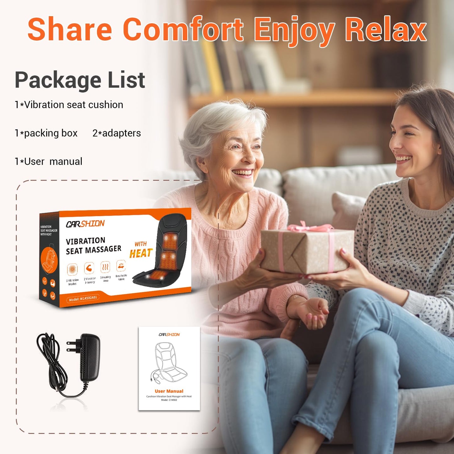 CARSHION Massage Seat Cushion with Full Back Thighs Heat Back Massager for Chair with 3 Heating Pads 6 Vibrating Motors, Massage Chair Pad for Home Office, Heated Seat Cover Warmer for Pain Relief