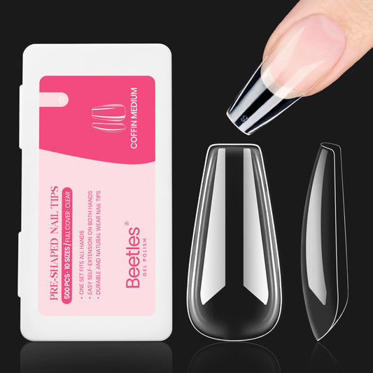 Beetles Gel Nail Tips 500Pcs Medium Coffin Pre Shaped Clear Full Cover False Nails Press on for Gel Art Polish Soak Off Lamp Easy Nail Extensions Acrylic