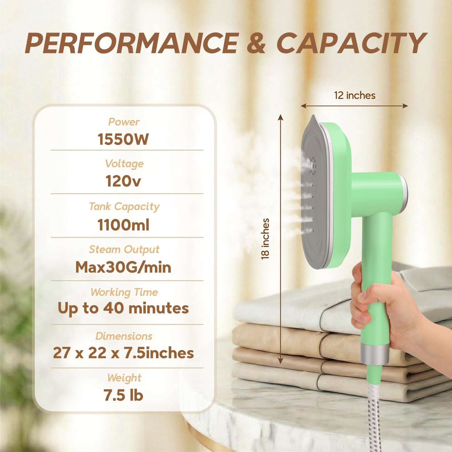 WellMall 2 In 1 Steamer for Clothes: 1550W Powerful Steamer with 1100ml Detachable Tank, 30s Fast Heat-Up, Horizontal & Vertical Use, Portable Wrinkle Remover for Clothes Drapes Bedding (Green)