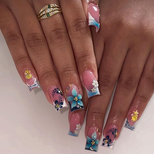 FIEONCIY Press on Nails Square Short Length Glossy Full Cover Acrylic Short Square Shaped False Nails with French Designs Artificial Fake Nails Glue Stick ons Fingernails for Women Girls(W2450)