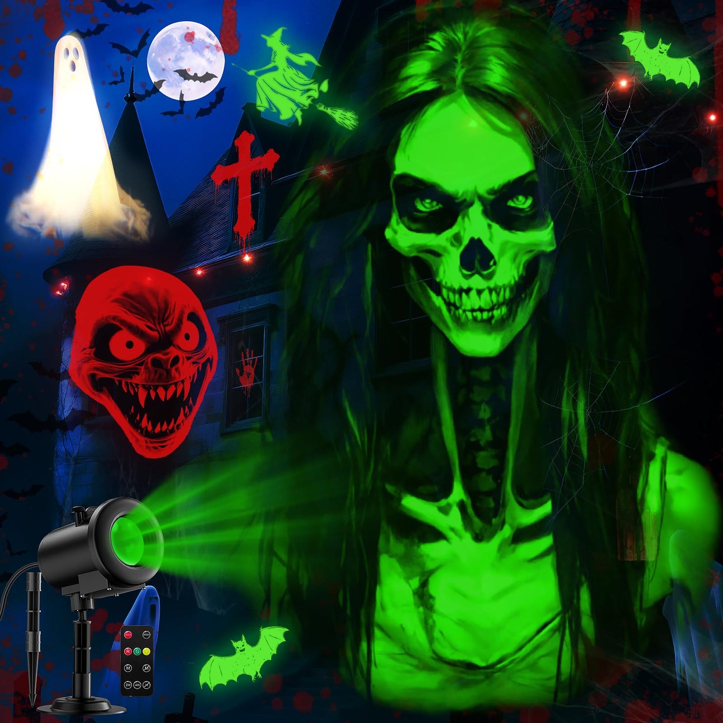 12 in 1 Halloween Christmas Projector Outdoor,3D Dynamic Halloween Decorations,Clearer Ghost/Spider/Bat/Skull/Witch/Nativity/HD Patterns,Waterproof for Window Wall Cemetery Christmas Decor