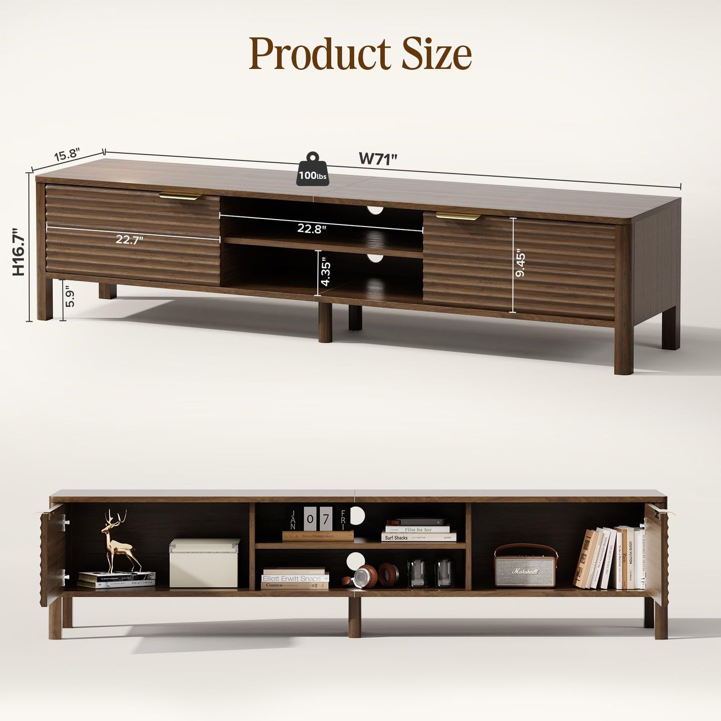 IKALIFE TV Stand for Living Room - up to 80 Inch TVs Mid Century Modern Entertainment Center with Storage and Adjustable Shelves, Media Console Table Walnut 71"