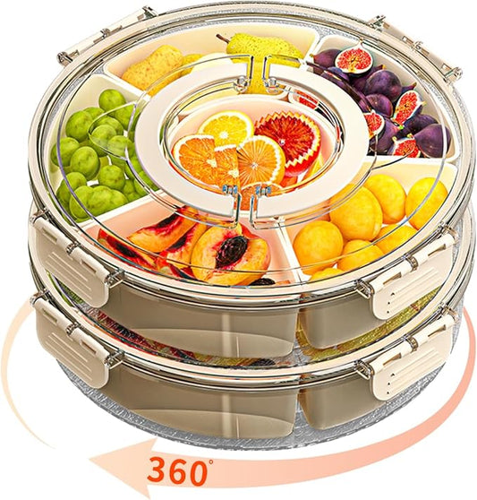 Small Divided Serving Tray with Lid and Handle, Stackable Snackle Box Container for Fruits Candy Organizer, Portable Spinning Rounded Veggie Tray for Kitchen, Party, Trave and Picnic-2 Pack