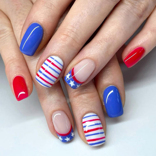 4th of July Press on Nails Medium Square Fake Nails Red Blue White Acrylic Nail with Star Stripes Design Independence Day Patriotic Nails Full Cover Stick on Nails for Women French Manicure 24Pcs